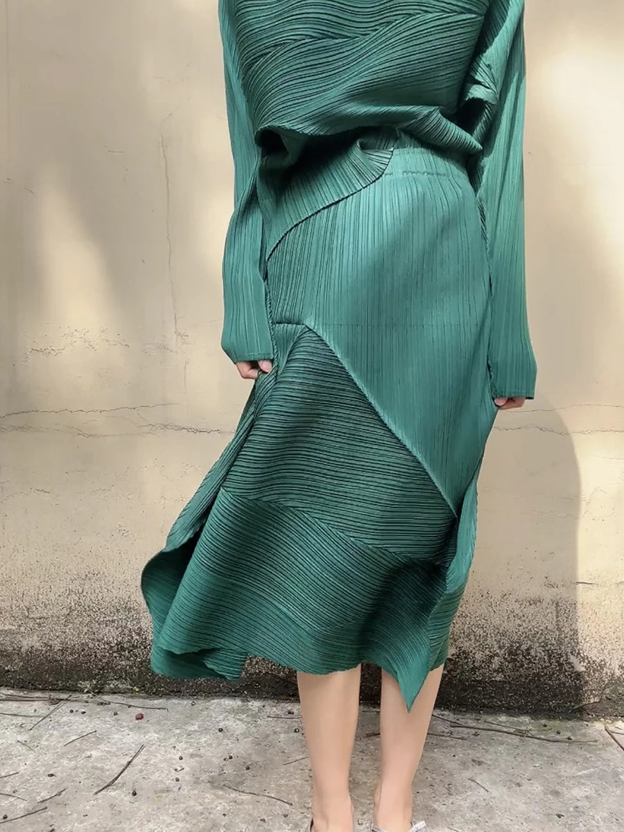 Pleated Design Green Skirt-SimpleModerne