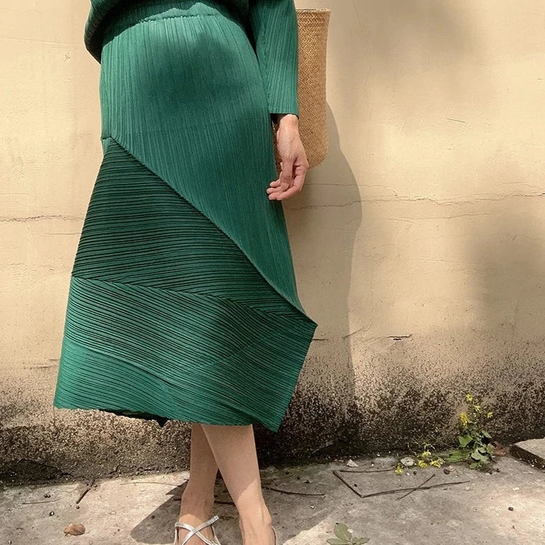 Pleated Design Green Skirt-SimpleModerne