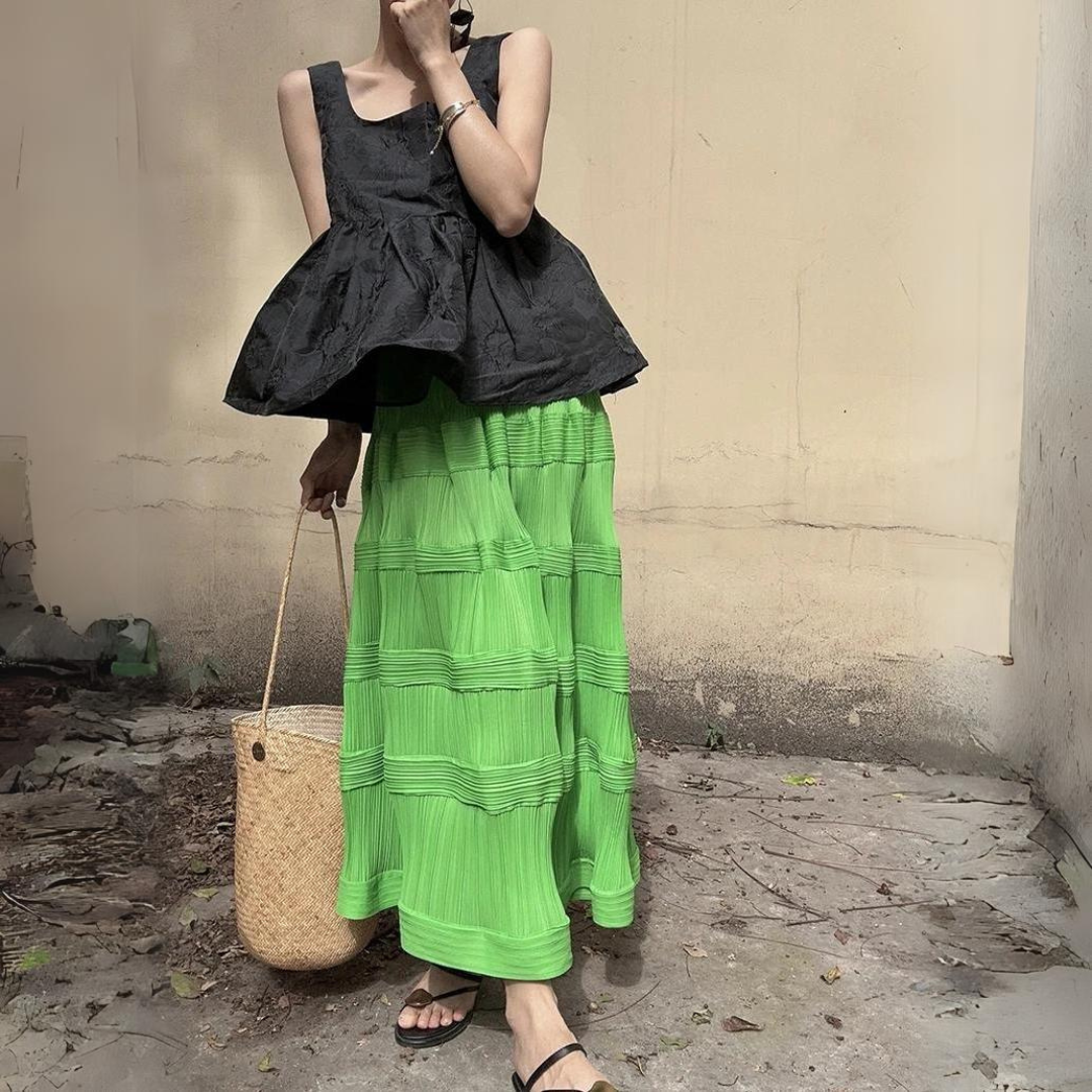 Pleated Pattern Green Skirt-SimpleModerne