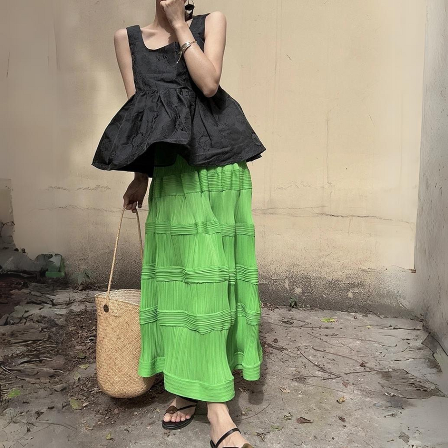 Pleated Pattern Green Skirt-SimpleModerne