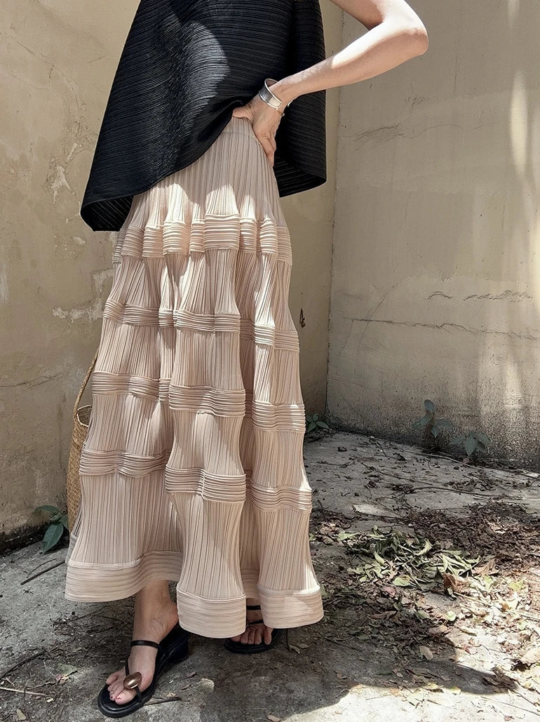 Pleated Pattern Khaki Skirt-SimpleModerne