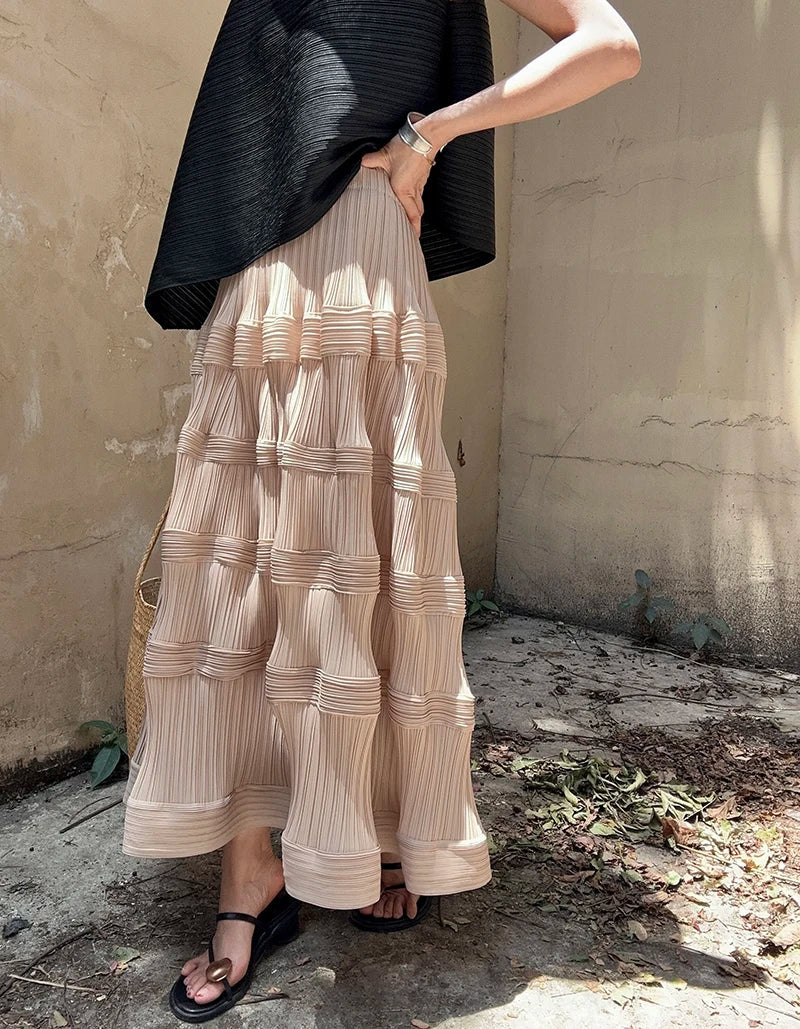 Pleated Pattern Khaki Skirt-SimpleModerne