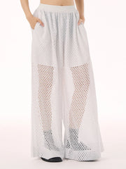 White Sheer Mesh Wide-Leg Trousers-SimpleModerne