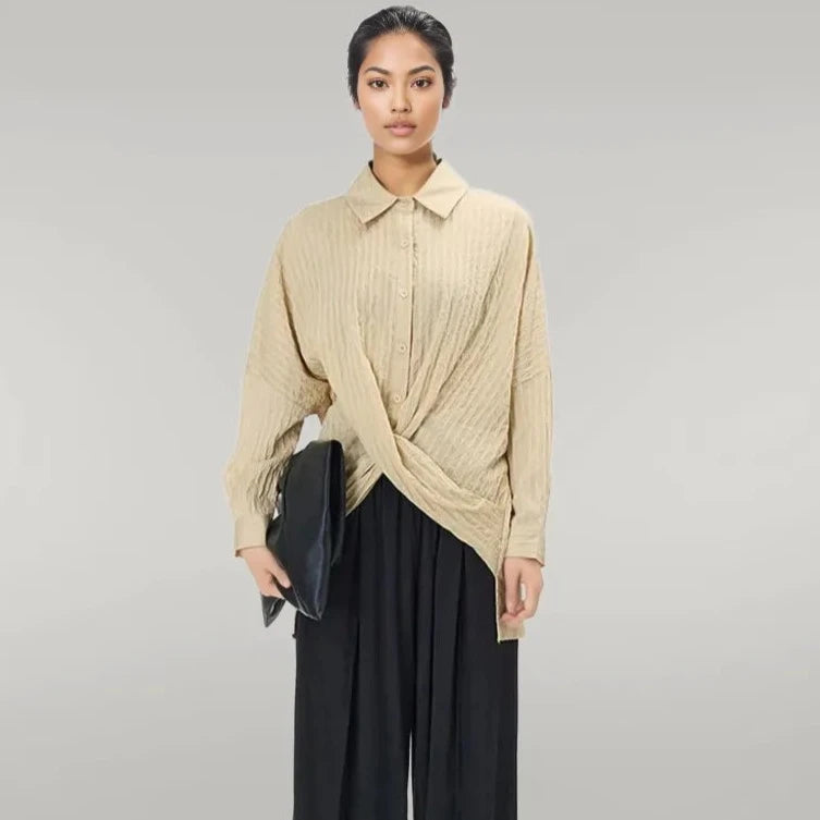 Elegant Beige Shirt Blouse with Button Closure and Draped Design - Oversized Fit-SimpleModerne