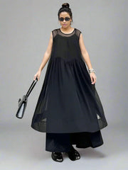 Elegant Black Chiffon Overlay Dress with Asymmetrical Hem and Sheer Mesh Design-SimpleModerne