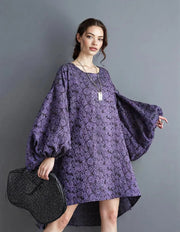 Purple Floral Lantern Sleeve Asymmetrical Dress - Elegant Winter-Ready Design