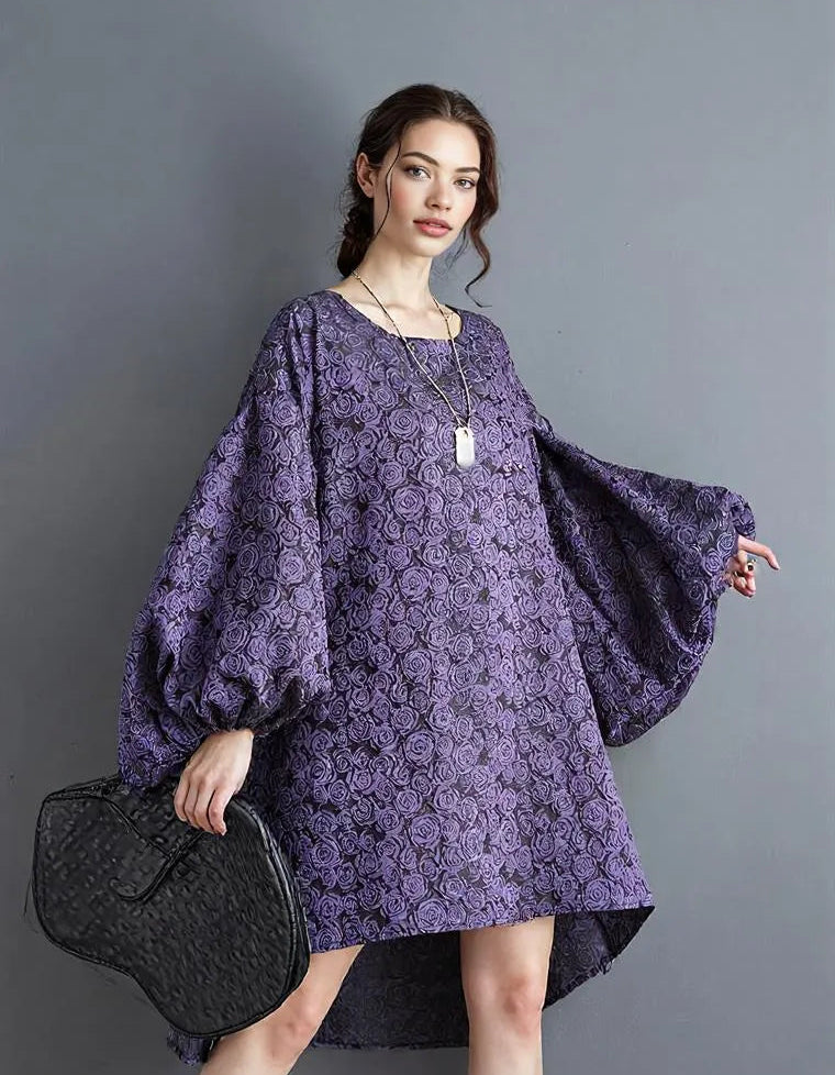 Purple Floral Lantern Sleeve Asymmetrical Dress - Elegant Winter-Ready Design-SimpleModerne