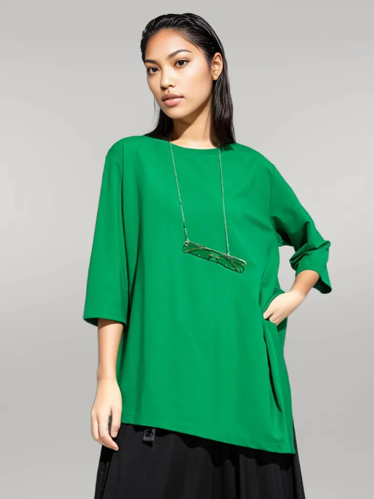 Chic Green Punky Shirt with Asymmetrical Hem and Three-Quarter Sleeves-SimpleModerne