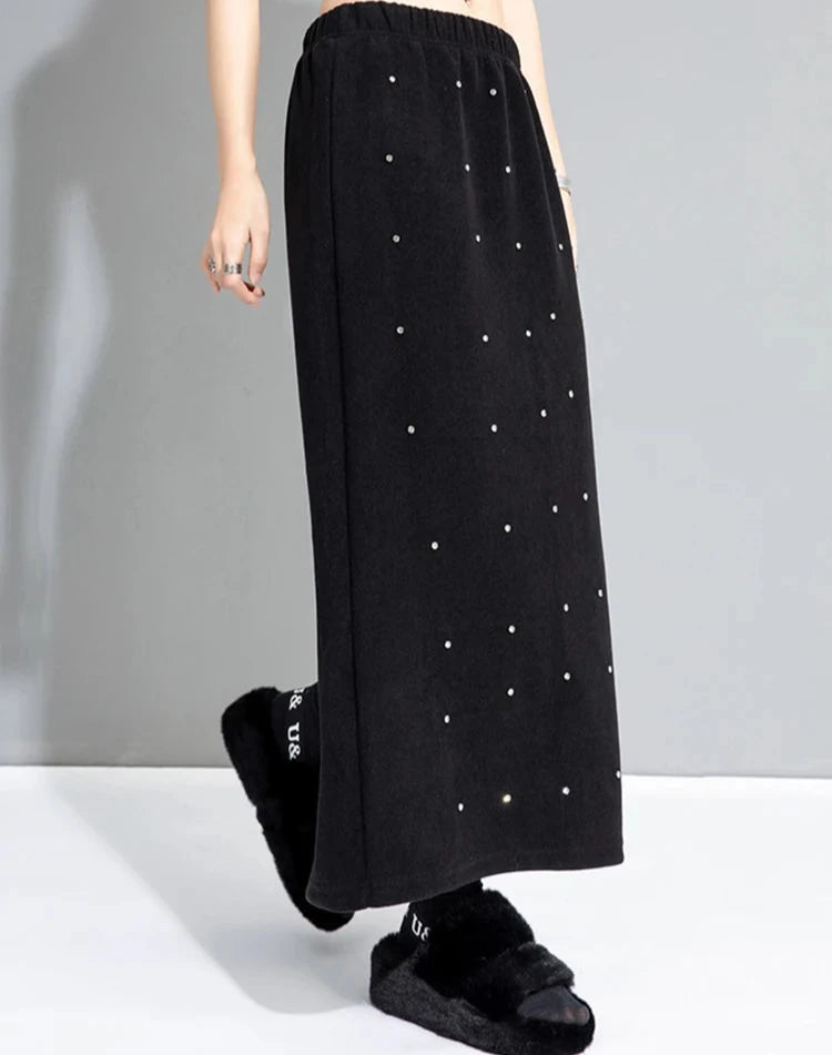 Rhinestone Studded Midi Skirt with Back Split - Elegant, Statement Piece-SimpleModerne