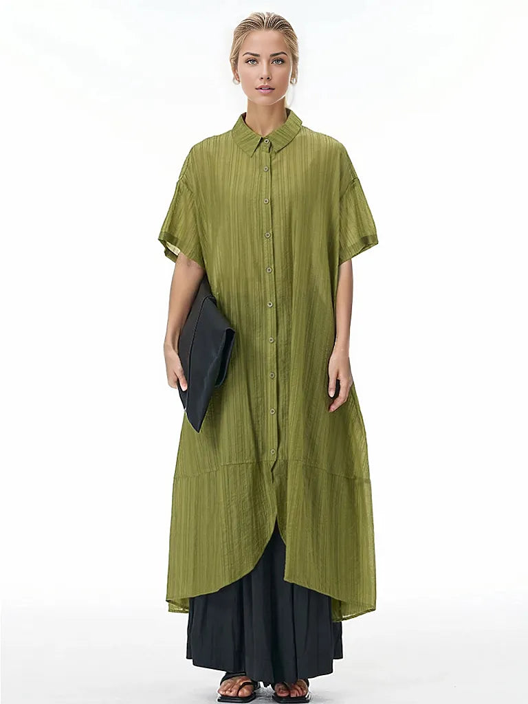 Elegant Green Button-Up Shirt Dress with Curved Hem-SimpleModerne