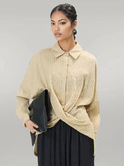 Elegant Beige Shirt Blouse with Button Closure and Draped Design - Oversized Fit-SimpleModerne