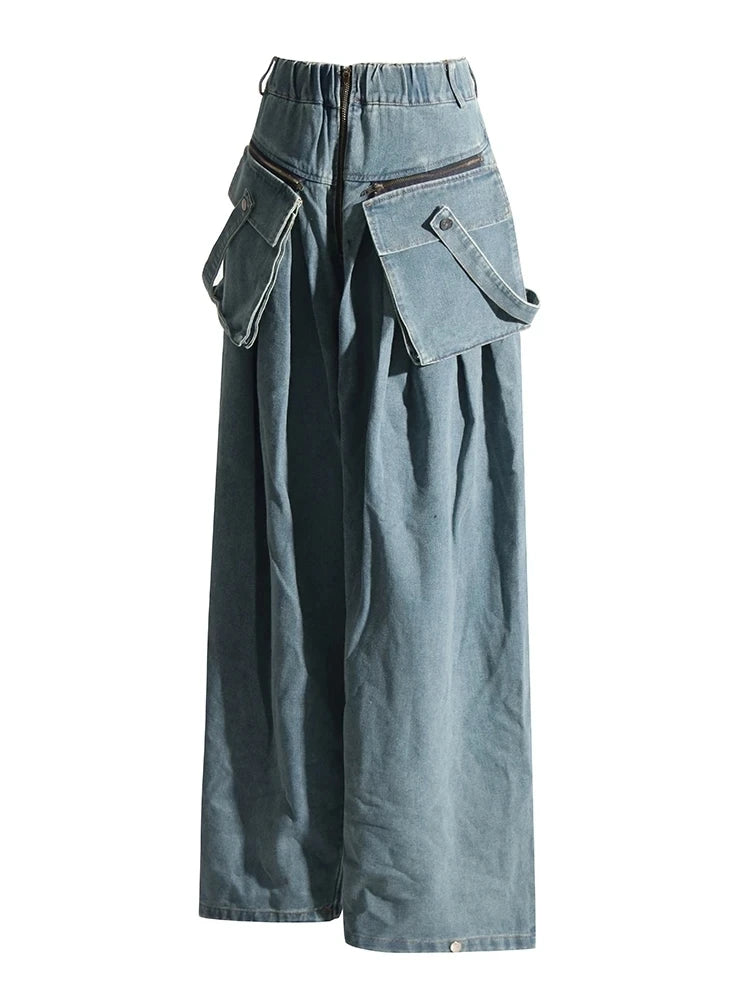 Vintage Wide-Leg Maxi Pocket Blue Jeans with Zipper Closure