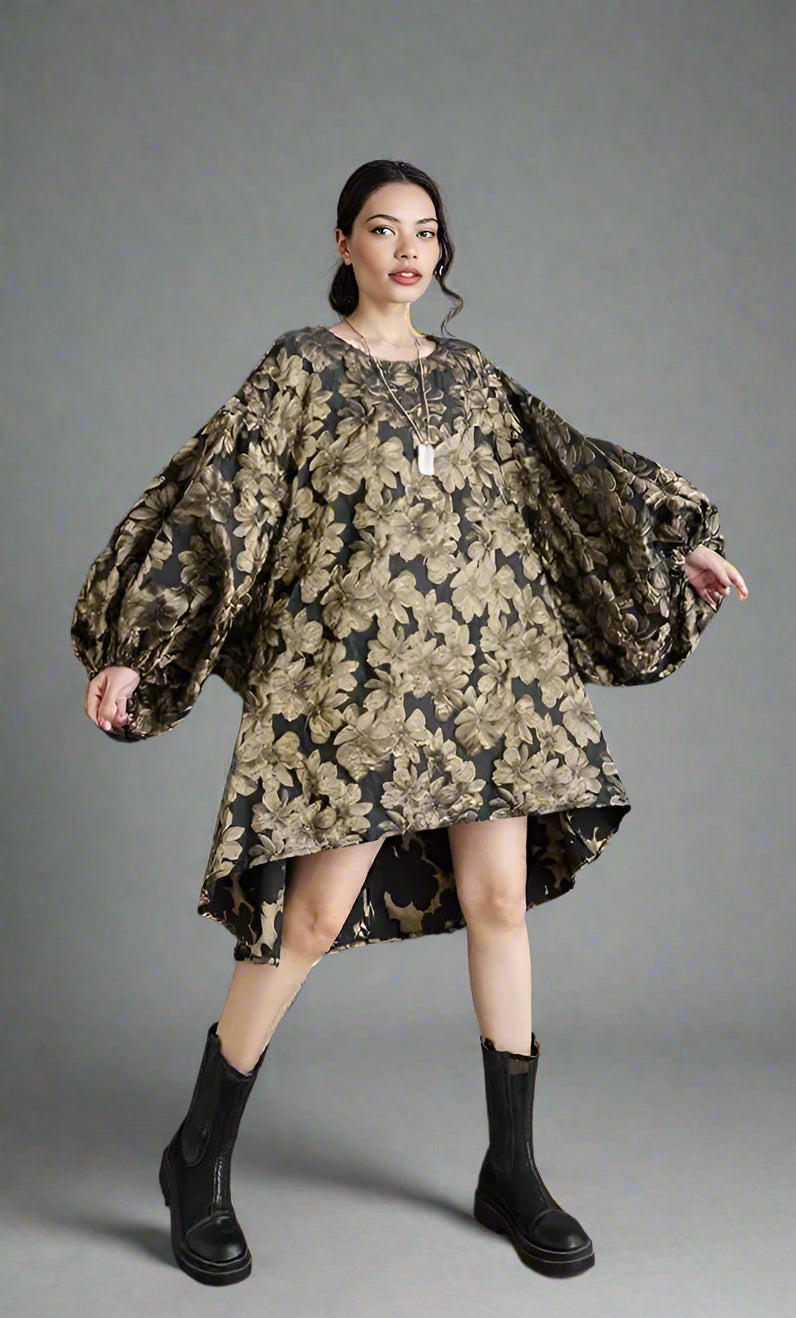 Baroque Floral Brocade Mini Dress with Dramatic Puffed Sleeves-SimpleModerne