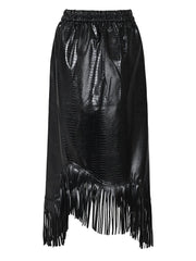 Vegan Leather Asymmetrical Skirt with Fringe Details-SimpleModerne