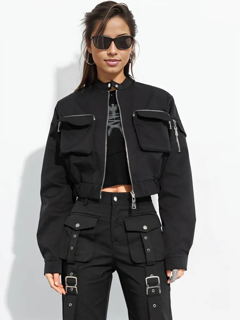 Casual Minimal Goth Cropped Bomber Jacket-SimpleModerne