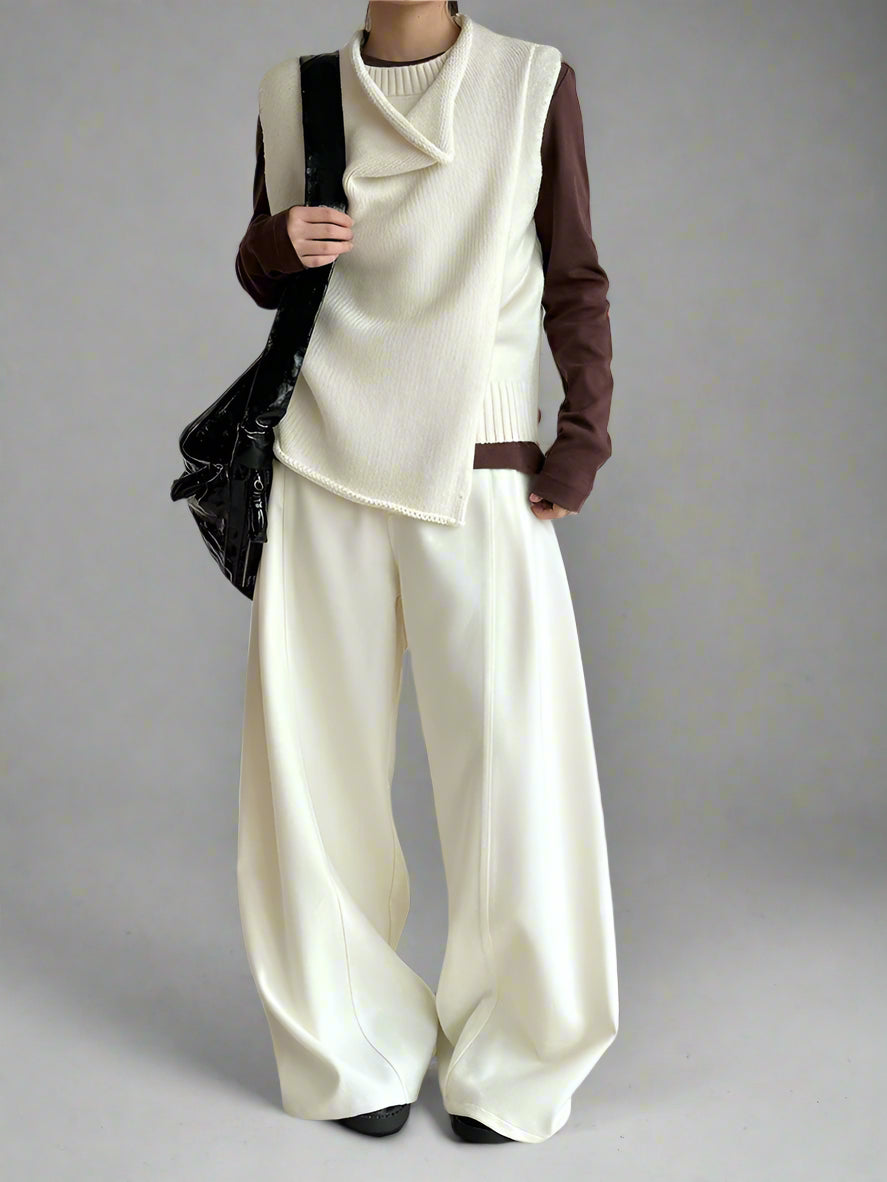 Layered Sleeveless Sweater with Draped Neckline - Cream White & Black-SimpleModerne