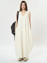 Maxi Potato Bag Dress with Deep V-Neckline - Beige-SimpleModerne