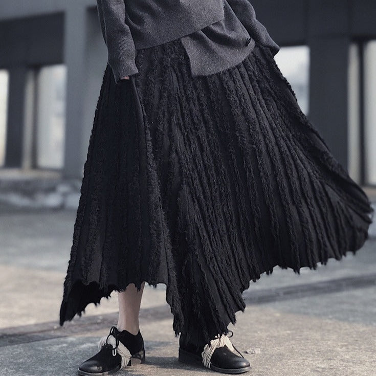 Casual Minimal Goth Pleated Design Maxi Skirt