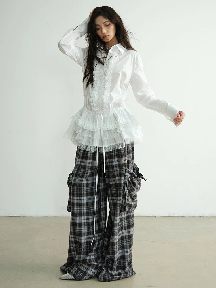 High-Waisted Plaid Trousers with Chic Drawstring Details-SimpleModerne