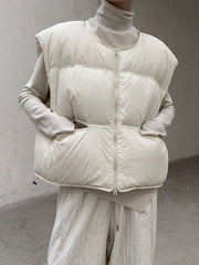 Cool Dawn Sleeveless Puffer Vest | Beige/Milk White, Zipper Closure, Oversized Fit-SimpleModerne