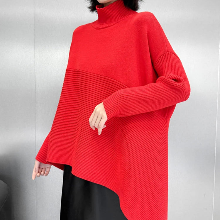 Knitted Asymmetrical Pullover with Turtleneck – Classic Black & Bold Red-SimpleModerne