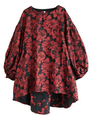 Red Floral Lantern Sleeve Asymmetrical Winter Dress – High-Low Pullover Style-SimpleModerne