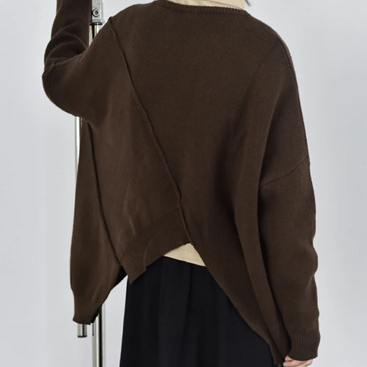 Coffee Brown Asymmetric Hem Pullover with Long Sleeves – Casual Cozy Fit