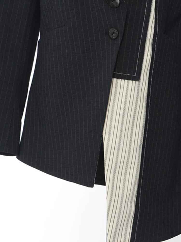 Asymmetrical Navy Blue Pinstripe Blazer with Contrast Panels-SimpleModerne