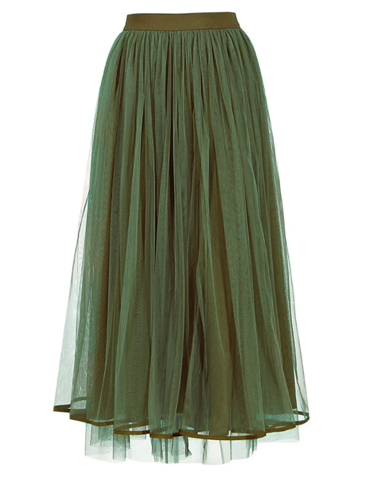 Elegant Olive Green Tulle Skirt with Elasticated Waist – Mid-Calf Length