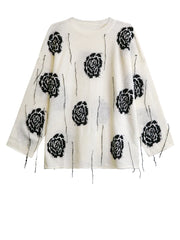 Knitted Pullover with Artistic Flower Pattern – Black & Cream Beige