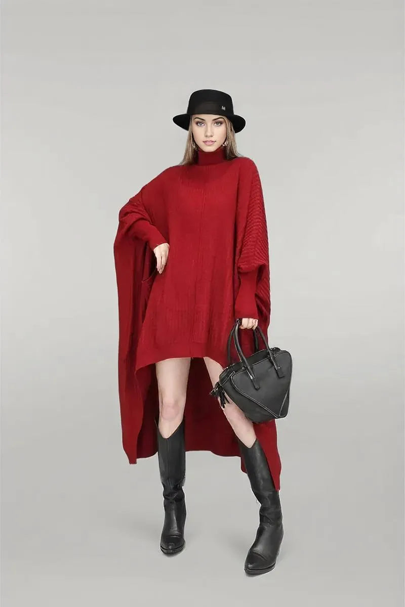 Casual Red Oversized Turtleneck Knit Dress with High-Low Hem and Pockets-SimpleModerne