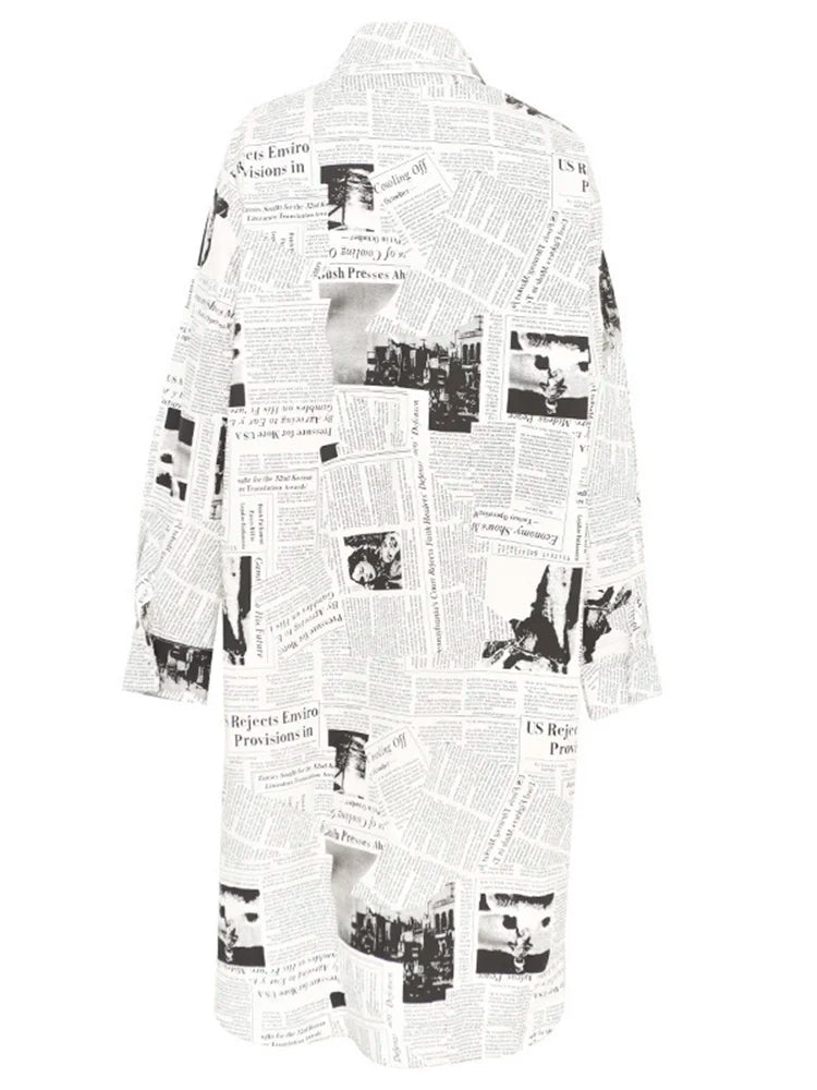 Newspaper Print Maxi Shirt Dress - Button-Up Oversized Longline Blouse with Collar-SimpleModerne