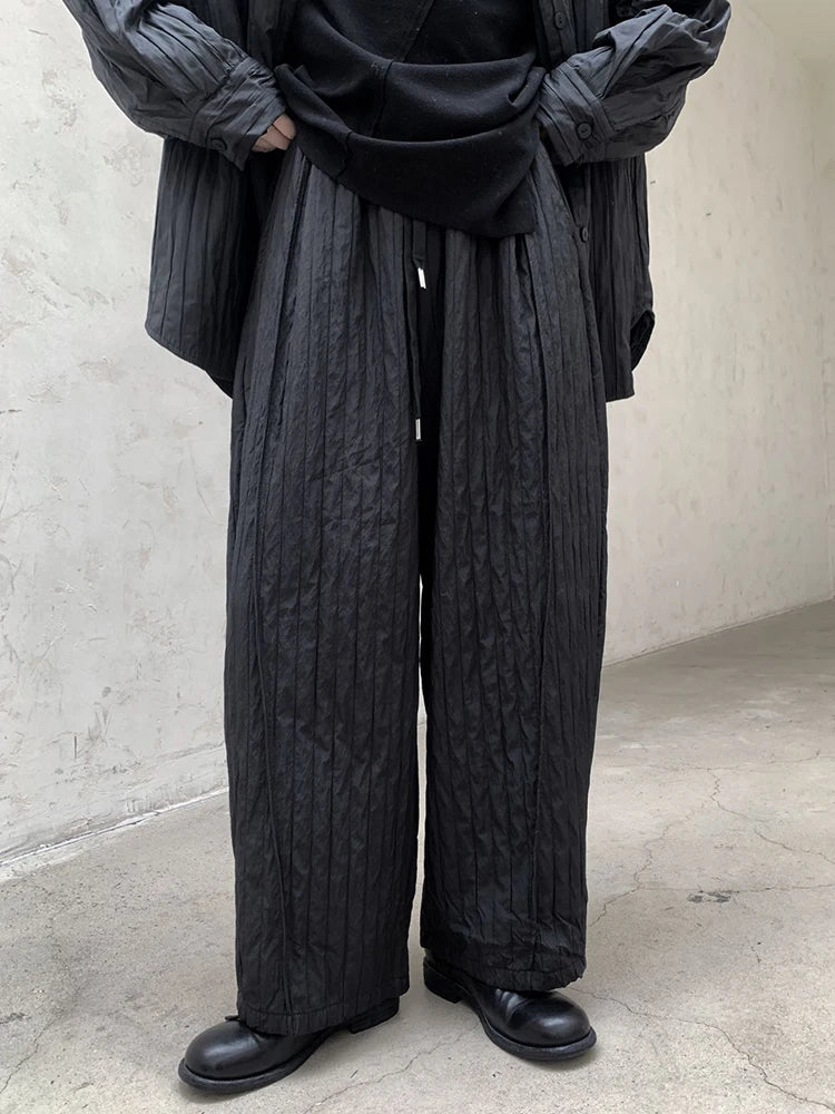 Textured Ruffled Wide-Leg Winter Trousers | Elastic Waist, Warm Cotton-Padded, Capri Length-SimpleModerne