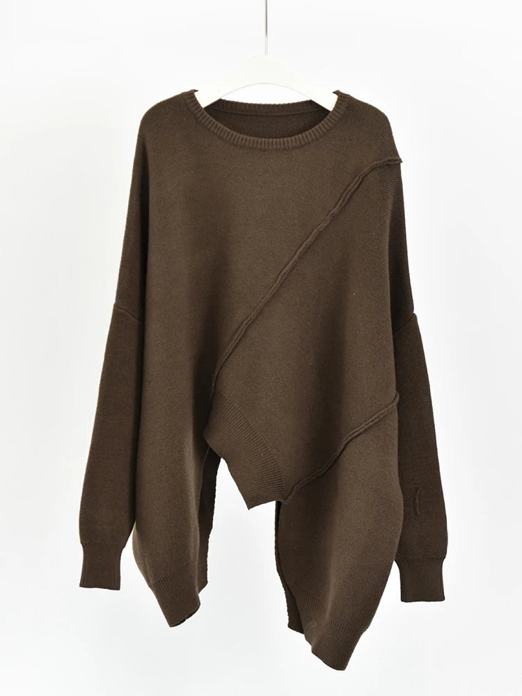 Coffee Brown Asymmetric Hem Pullover with Long Sleeves – Casual Cozy Fit