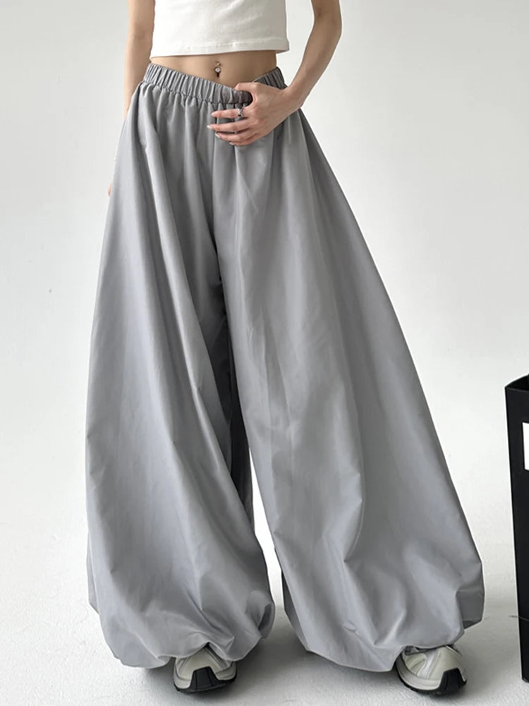 Edgy Wide-Leg Puffed Trousers with Elastic Waist - Punk-Inspired Statement Pants-SimpleModerne