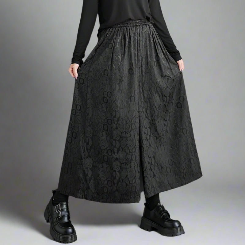 lack Jacquard Wide-Leg Ankle-Length Pants with Elastic Waist - Gothic Floral Pattern-SimpleModerne