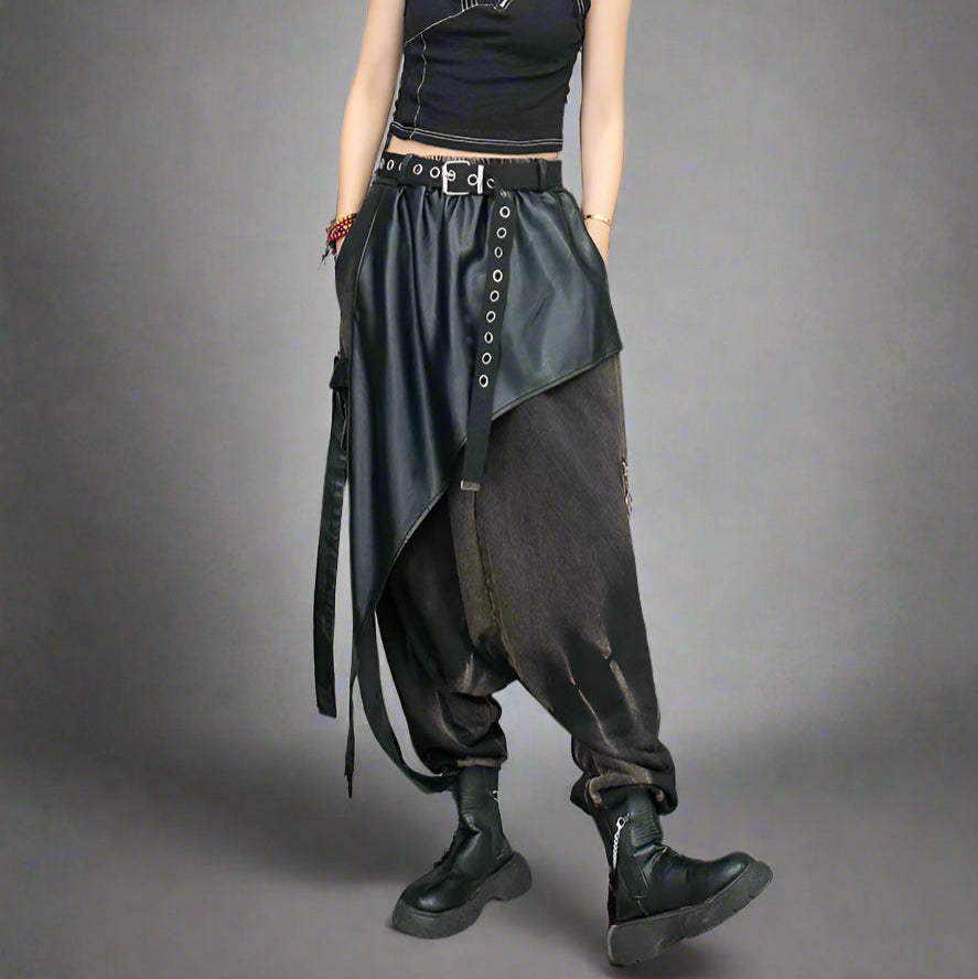 Punk-Inspired Trousers with Vegan Leather Overlay and Vintage Finish-SimpleModerne