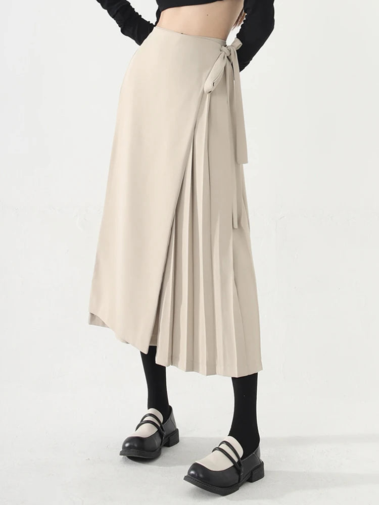 Apricot Beige Skirt-Pant Hybrid with Pleated Overlay – Sophisticated and Unique Mid-Calf Design-SimpleModerne