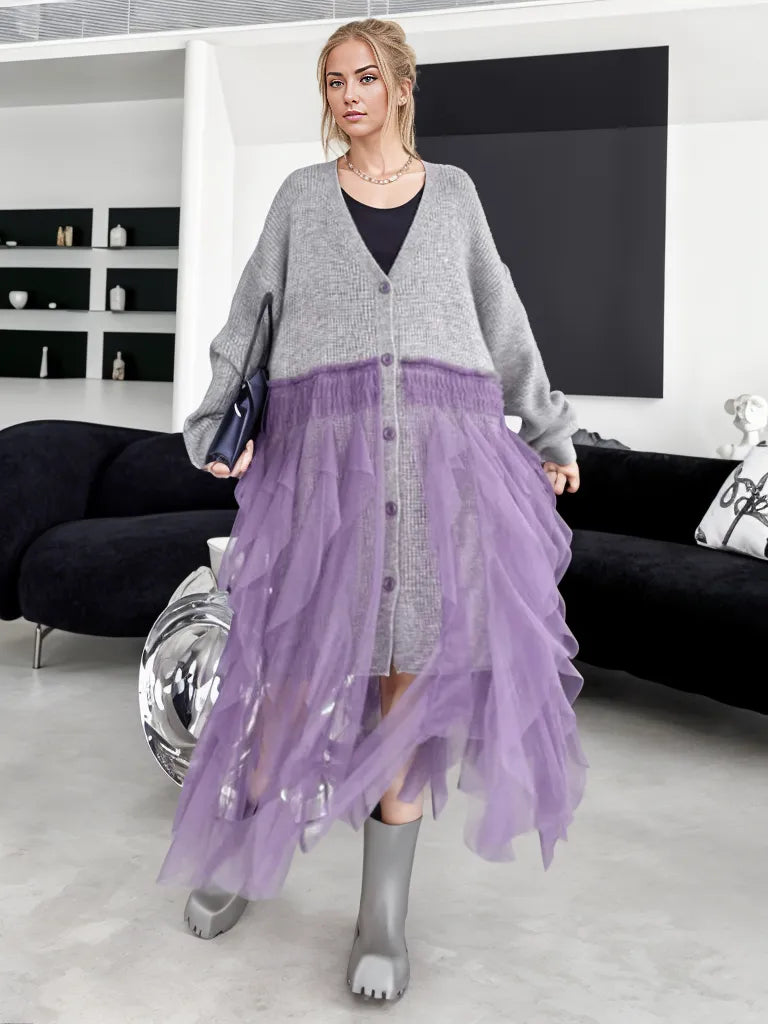 Chunky Oversized Gray Cardigan with Chic Purple Tulle Overlay – Gothic-Inspired Design