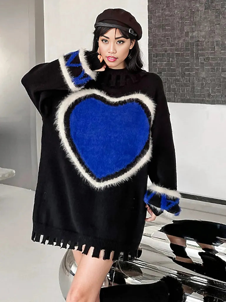 Casual Minimal Goth Blue Heart Knitted Pullover-SimpleModerne