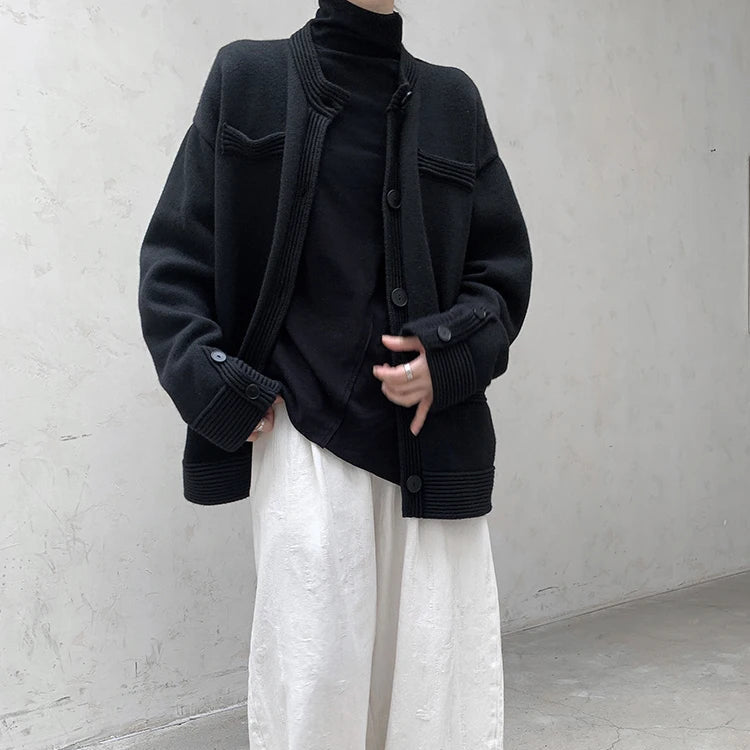 Black Knit Button-Down Cardigan with O-Neck Collar-SimpleModerne