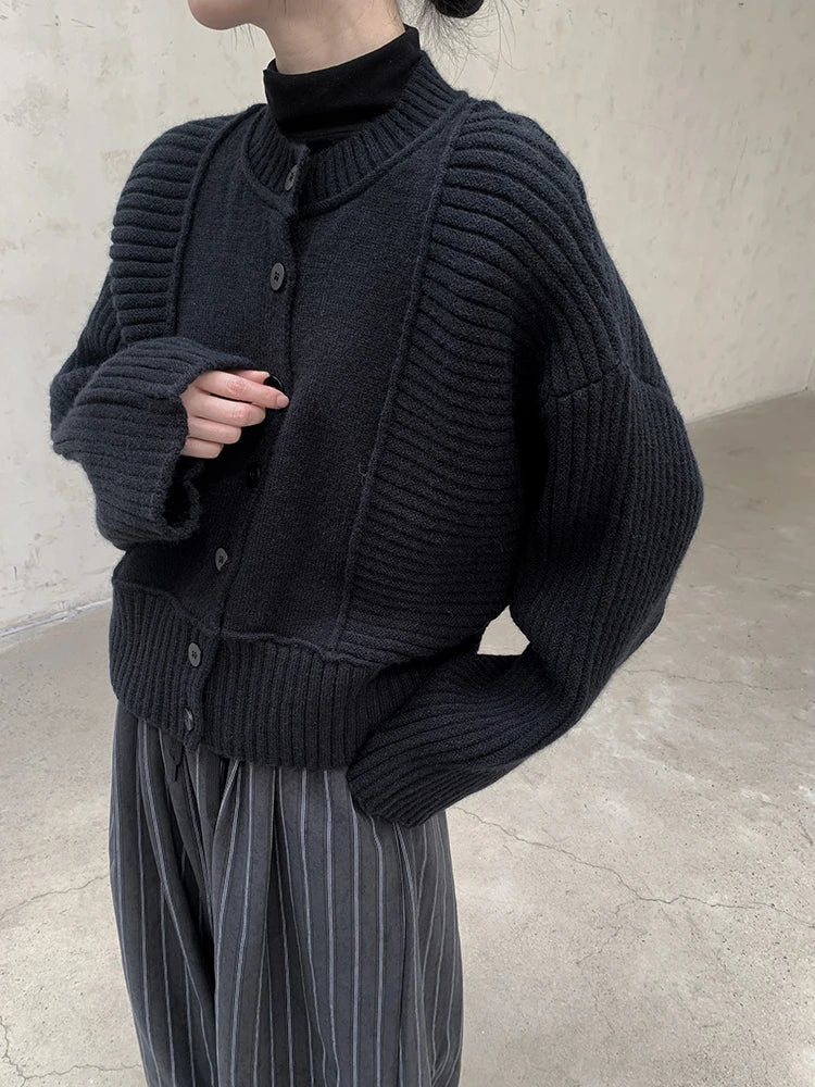 Oversized Knit Cardigan with Contrasting Patterns-SimpleModerne