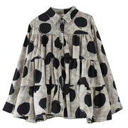 Oversized Polka Dot Smock Shirt with Lantern Sleeves & Ruffled Hemline-SimpleModerne