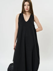 Maxi Potato Bag Dress with Deep V-Neckline - Black-SimpleModerne