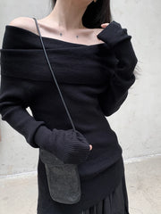 Casual Minimal Goth Bardot Style Knitted Pullover-SimpleModerne