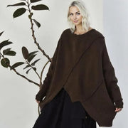 Coffee Brown Asymmetric Hem Pullover with Long Sleeves – Casual Cozy Fit