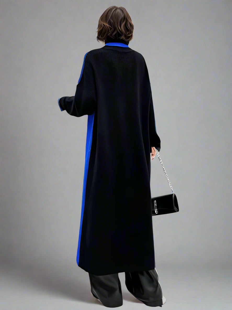 Color Block Maxi Knitted Pullover with Overlay Split – Black & Blue-SimpleModerne