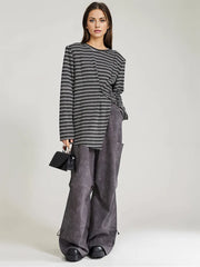 Adjustable Stripe Pattern Pullover with Front Cut-Out - Available in Gray and Red-SimpleModerne