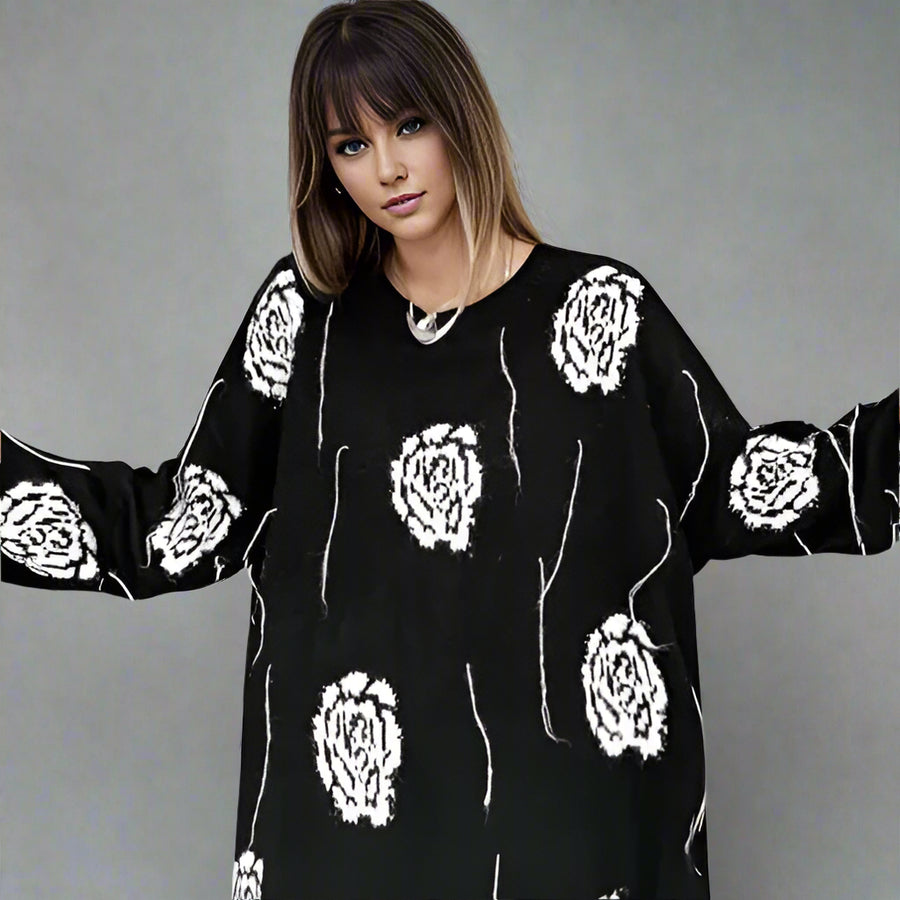 Knitted Pullover with Artistic Flower Pattern – Black & Cream Beige