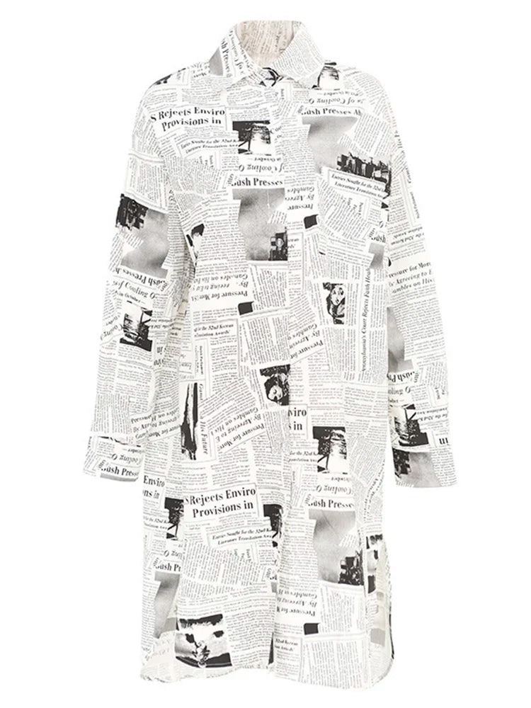 Newspaper Print Maxi Shirt Dress - Button-Up Oversized Longline Blouse with Collar-SimpleModerne